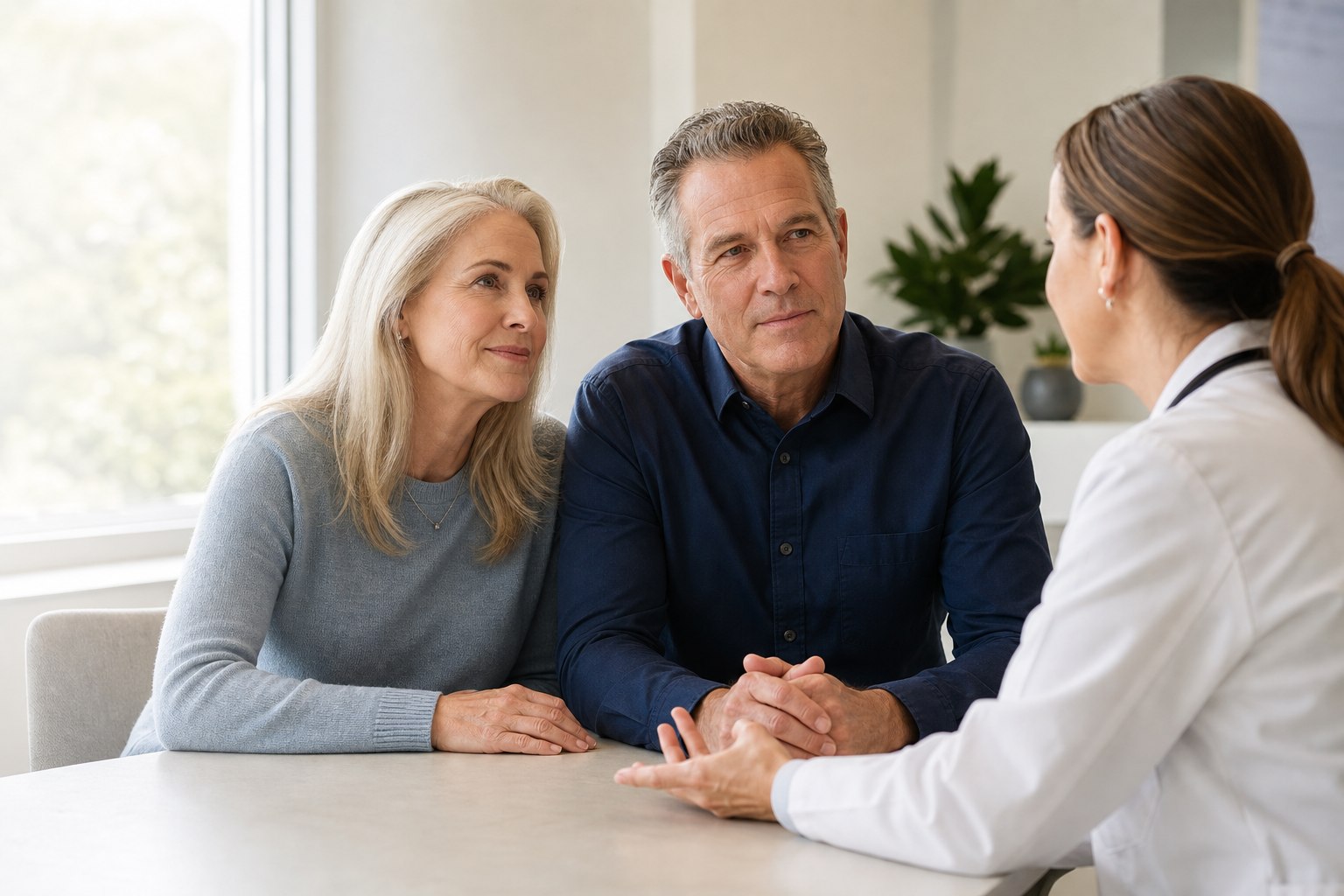 A mature couple speaking with a physician during a consultation