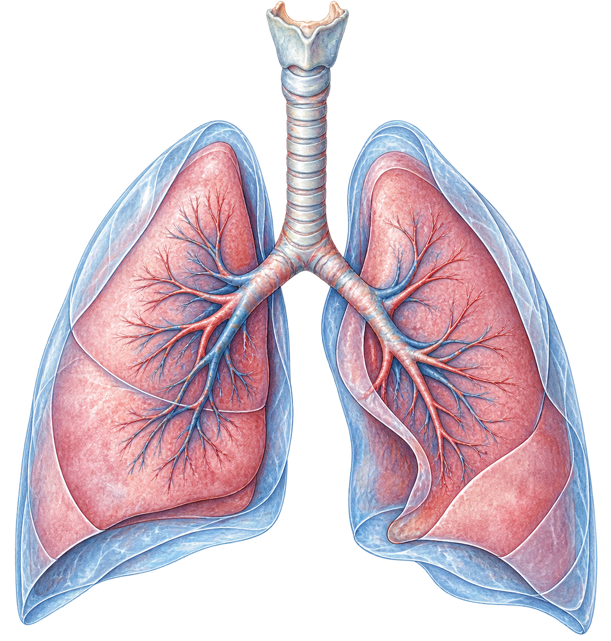 Medical illustration of the lungs and pleural lining